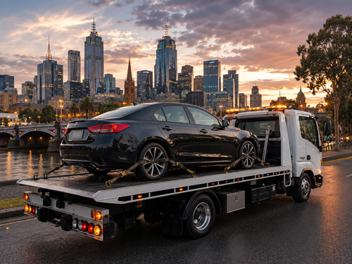 Top Tow flatbed tow truck carrying a car through Melbourne at dusk
